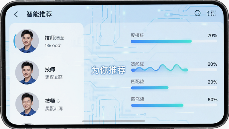 主体为App界面截图,展示“智能推荐”模块,左侧为技师头像列表,右侧为匹配度百分比进度条,中间有“为你推荐”字样,背景为淡蓝色科技感线条,风格清晰直观,细节丰富,高清画质,干净无多余元素