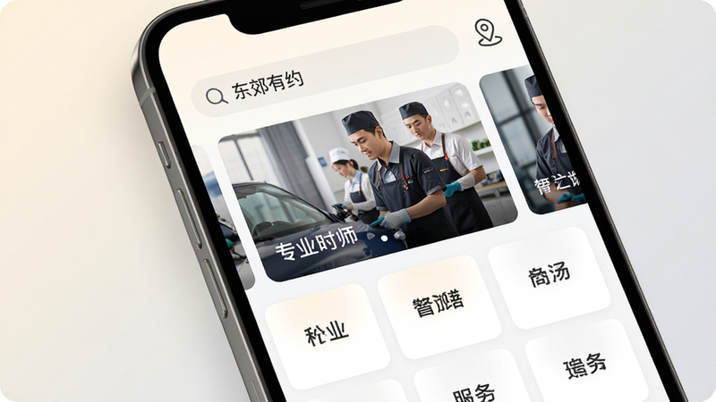 主体为智能手机屏幕特写,显示“东郊有约”App首页界面,顶部为搜索栏与定位图标,中部为轮播图展示专业技师服务场景,下方为网格状服务分类卡片,背景为柔和的米白色与浅灰色渐变,风格简约现代,细节清晰,高清画质,干净无多余元素