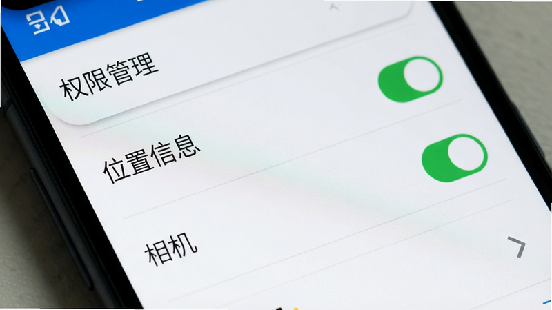 主体为手机设置界面,显示“权限管理”列表,其中“位置信息”与“相机”权限已开启,背景为安卓系统默认风格,文字清晰,风格简洁,细节准确,高清画质,干净无多余元素