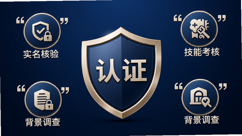 主体为证书与徽章图标组合,中间为“认证”盾牌标志,周围环绕着“实名核验”、“技能考核”、“背景调查”三个小图标,背景为深蓝色渐变,文字清晰加引号,风格庄重专业,细节精致,高清画质,干净无多余元素