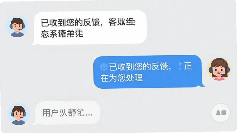 主体为客服对话界面,左侧为用户气泡,右侧为客服气泡,客服头像为戴耳机的卡通形象,对话内容显示“已收到您的反馈,正在为您处理”,背景为浅灰色,风格亲切友好,文字清晰,高清画质,干净无多余元素