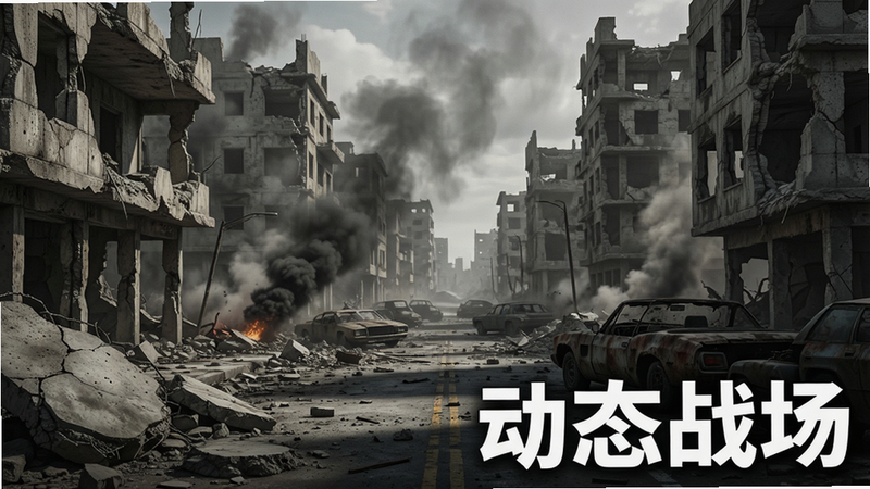 主体为被破坏的城市街道战场,布局展现纵深感,排版突出破坏效果,风格为末世废土风,细节展示破碎混凝土与烟雾,画质逼真写实,干净构图,文字
