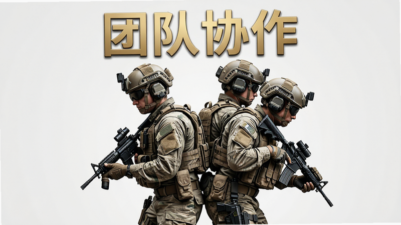 主体为四名战术小队成员背靠背站立,布局三角形稳定结构,排版强调团队感,风格为军事写实风,细节展示队员装备协作动作,画质高清细腻,干净背景,文字