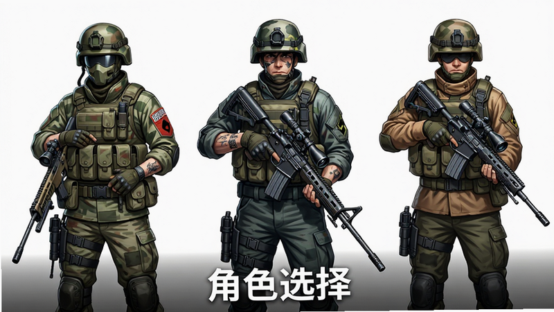 主体为三个不同风格的狙击手角色立绘,布局并列展示,排版对称平衡,风格为动漫写实结合,细节展示服装差异与武器特征,画质精美细腻,干净背景,文字