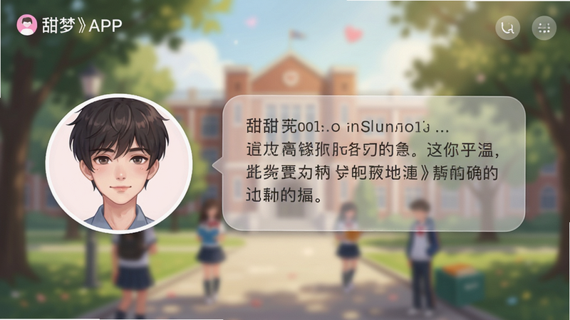 《甜梦》APP的剧情对话界面截图,左侧显示角色头像,右侧为半透明气泡对话框,背景是模糊的校园场景,文字内容清晰可读,界面UI设计简约现代,色彩搭配协调,突出浪漫氛围,画质细腻,无杂乱图标