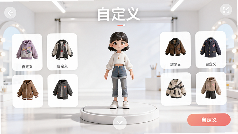 《甜梦》APP的角色自定义界面,展示多个服装选项卡片,背景为明亮的白色工作室风格,角色模型站在中央旋转台上,界面布局清晰,按钮设计符合移动端操作习惯,高清细节,光影效果自然,文字