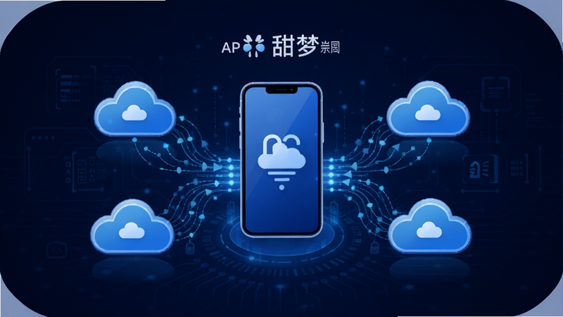 《甜梦》APP的数据同步示意图,中心是手机图标,周围环绕着云朵图标和数据流线条,背景为深蓝色科技感界面,象征数据安全稳定传输,图形简洁明了,配色专业,突出同步速度快、稳定可靠的特征,无多余装饰
