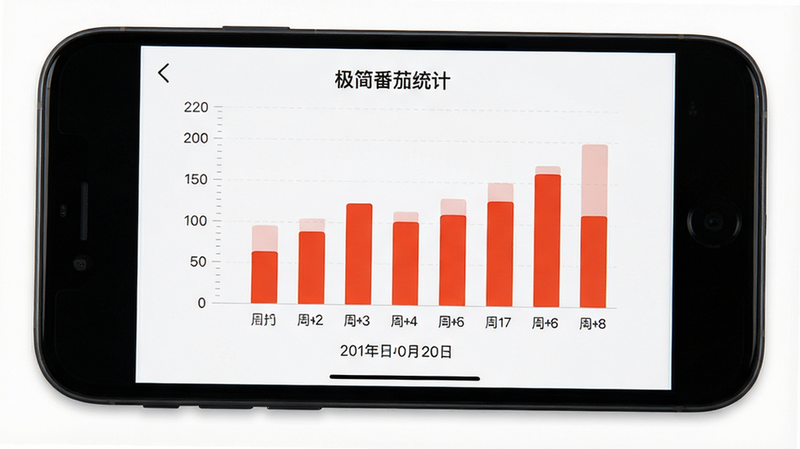 手机屏幕界面,显示“极简番茄”APP的数据统计页面,背景为白色,中央是一个简单的柱状图,柱体为番茄红色,下方有日期标签,布局紧凑有序,排版清晰易读,风格商务简约,细节处图表刻度精细,画质高清,干净,无多余元素