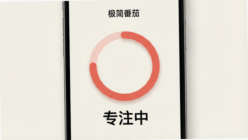 主体为手机屏幕界面,显示“极简番茄”APP的主页,背景为纯净的米白色,中央有一个巨大的圆形进度环,颜色为柔和的番茄红,下方显示“专注中”字样,字体为无衬线黑体,布局居中对称,排版简洁大气,风格为扁平化极简设计,细节处有细微的阴影增加层次感,画质高清,干净,无多余元素