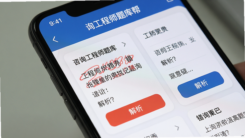 主体为手机屏幕特写,显示“咨询工程师题库帮”的错题本界面,布局为卡片式排列,排版紧凑有序,风格专业严谨,细节展示红色标记的错题与解析按钮,画质清晰,干净无多余元素