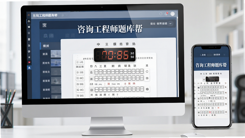 主体为电脑显示器与手机并排,屏幕显示“咨询工程师题库帮”模拟考界面,布局对称,排版规范,风格严肃正式,细节展示倒计时时钟与答题卡网格,画质逼真,干净无多余元素