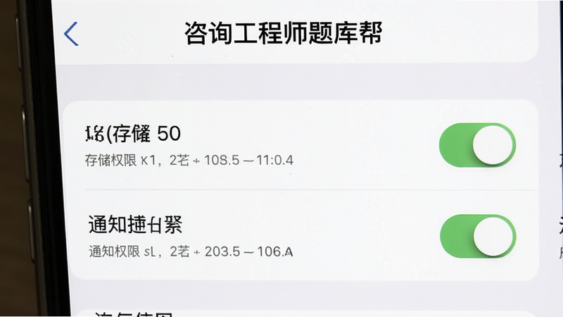 主体为手机设置界面截图,显示“咨询工程师题库帮”的权限管理页面,布局为列表式,排版清晰,风格系统原生,细节展示存储权限与通知权限开关,画质清晰,干净无多余元素