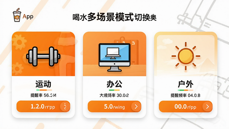 “喝水”App的多场景模式切换界面展示。画面分为三个并列的卡片,分别代表“运动”、“办公”、“户外”三种场景。每个卡片上有对应的图标(哑铃、电脑、太阳),下方显示不同的提醒频率设置。整体色调为明亮的橙色与白色搭配,充满活力,布局整齐对称,文字清晰易读。