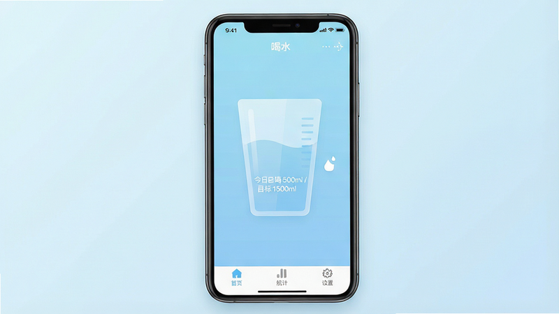 一张清新极简风格的手机应用界面预览图,主体为“喝水”App的主屏幕界面。背景是淡蓝色渐变,中央有一个巨大的半透明水杯图标,杯中水位随着时间缓慢上升,旁边显示着“今日已喝 500ml / 目标 1500ml”的白色文字。顶部状态栏清晰可见,底部导航栏包含“首页”、“统计”、“设置”三个图标。整体风格扁平化、无多余装饰元素,高清质感,干净利落。