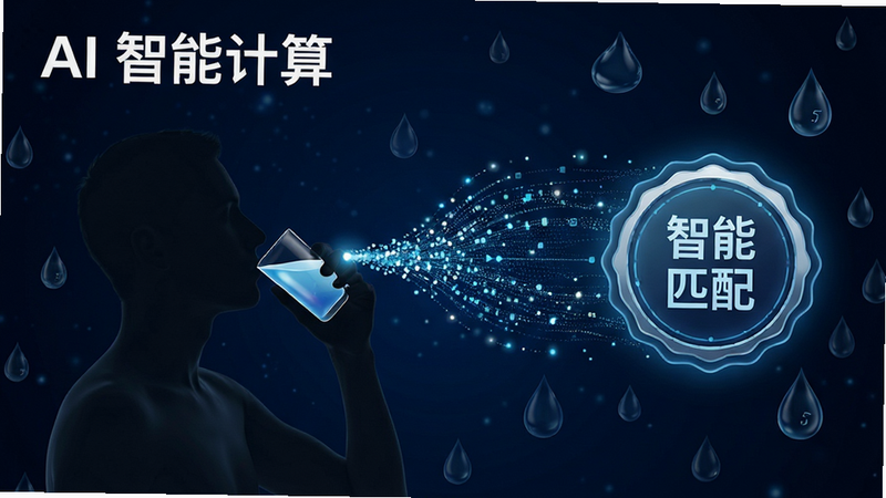 展示“喝水”App智能算法设置界面的概念图。画面左侧是一个用户剪影,右侧是流动的数据粒子流,连接到一个显示“智能匹配”的徽章。背景为深空蓝,点缀着细微的水滴元素,象征科技与健康的结合。文字清晰标注“AI 智能计算”,字体现代简洁,高对比度,无杂乱背景。