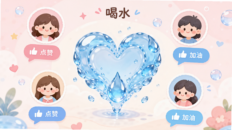 “喝水”App的社交圈子界面概念图。画面中心是一个由水滴组成的爱心形状,周围环绕着几个卡通用户头像,头像下方有“点赞”、“加油”等气泡文字。整体风格温馨可爱,色彩柔和,以粉色和淡蓝色为主调,营造友好的社区氛围,细节丰富但不过于杂乱。