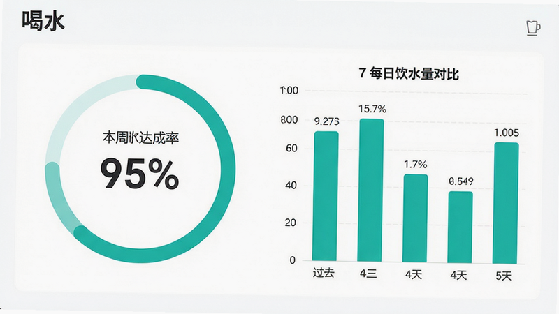 “喝水”App的数据统计界面预览。主视觉是一个环形进度图,显示本周饮水达成率95%。旁边是柱状图,展示过去7天的每日饮水量对比。图表颜色为清爽的青绿色,数据标签清晰。背景为纯白,突出数据主体,风格专业严谨,无干扰元素,高分辨率显示。