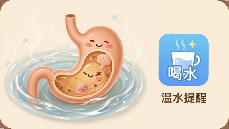 胃部健康示意图,展示一个舒适的胃囊,周围环绕着温水波纹。画面右侧有一个“喝水”App 的图标,图标旁显示“温水提醒”字样。整体色调温暖柔和,以米色和浅棕色为主,传达舒适与健康的感觉,无医学解剖细节,注重情感表达。