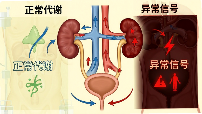 人体泌尿系统简化示意图,展示肾脏、膀胱与输尿管的连接关系。图中用箭头标示水流方向,背景为淡黄色医疗风格,文字标注“正常代谢”与“异常信号”两个区域,对比鲜明,科学严谨,无血腥元素,适合科普展示。