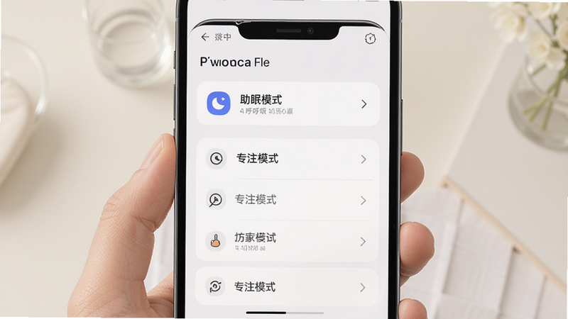 手机设置界面展示,列出几种不同的呼吸模式选项,如“助眠模式”、“专注模式”,字体清晰,布局整齐,背景淡雅,体现定制化功能,高清UI设计