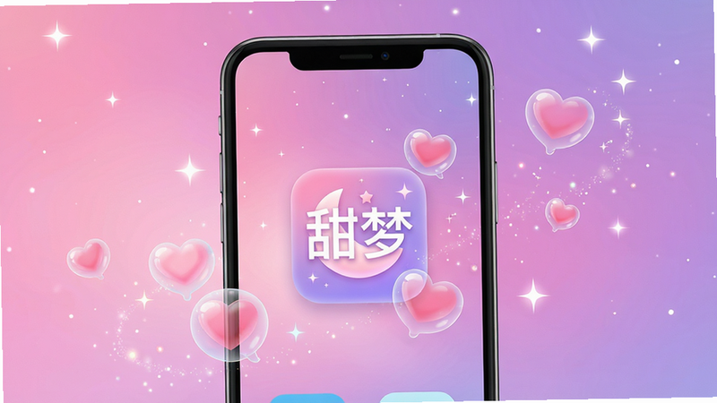 一张高清数字插画,主体为手机屏幕显示“甜梦”APP界面,背景为柔和的粉紫色梦幻渐变星空,布局中心突出应用图标,排版简洁现代,风格清新唯美,细节包含漂浮的爱心气泡与星光粒子,画质4K高清,干净无多余元素,无文字水印