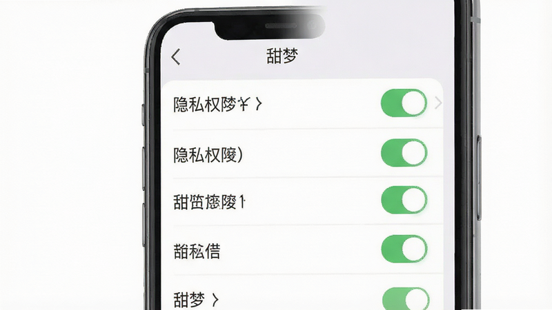 一张移动端设置界面的示意图,主体为手机屏幕显示隐私权限开关列表,布局清晰垂直排列,排版简洁,风格扁平化UI设计,细节包含绿色的开启状态指示器,画质高清,干净,无多余元素,文字显示“甜梦”