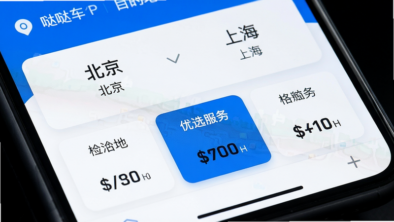 �ո���APP���ܱ���ҳ����д����Ļ��ʾ�����ء���������Ŀ�ĵء��Ϻ������·��г����ֲ�ͬ���εļ۸�Ƭ��������ʾ����ѡ����ѡ��������ִ�����ɫ��ɫ����ϸ������������
