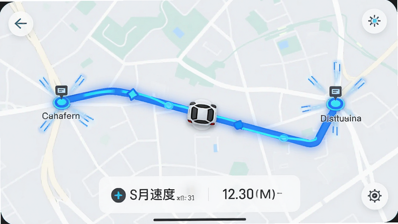 �ո���APP��ͼ׷�ٽ��棬��ͼ����һ����ɫ�Ķ�̬·�������������У��м���һ��С����ͼ�������ƶ����·���ʾʵʱ�ٶȺ�ʱ����Ϣ������Ϊǳɫ��ͼ��ʽ���Ƽ���ǿ�������������ұ���