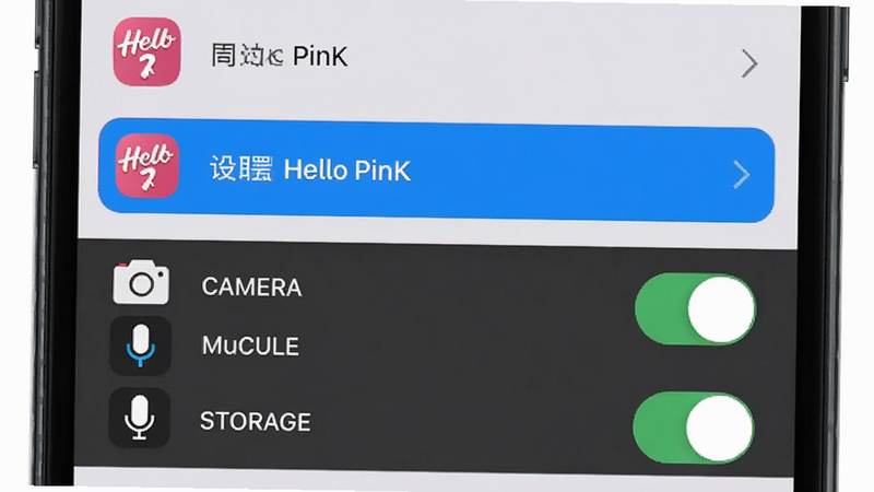 �ֻ���Ļ��ʾ����Ȩ�޹������棬Hello PinK Ӧ���б�������ʾ���·����������˷硢�洢Ȩ�޿��أ���������������Ϊǳ��ɫ�����������ɶ���UI��Ƽ�࣬�������ȣ��޶���ͼ�꣬רҵ������ͼ���