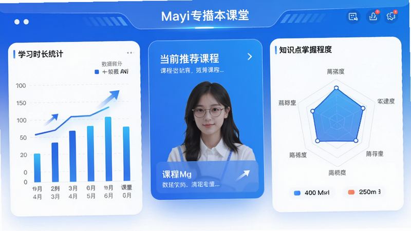 ����ΪMayiר�屾����APP�����ݷ���ҳ�棬����Ϊ�Ǳ�����ʽ�������ʾѧϰʱ��ͳ��ͼ�����Ҳ�Ϊ֪ʶ�����ճ̶��״�ͼ���м�ͻ����ʾ��ǰ�Ƽ��γ̣�����ɫ��Ϊ���׽��䣬���Ƽ���ǿ��ϸ�ڴ��������ݱ�ǩ�����Ƽ�ͷ�����ʾ�ϸ���޶������Ԫ��
