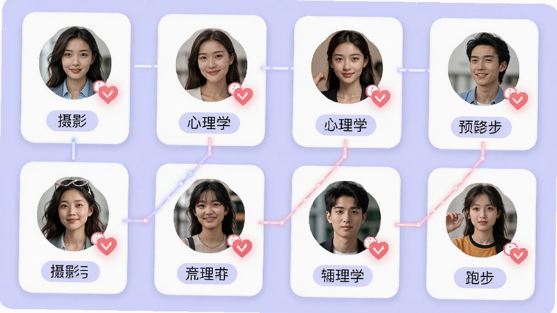ů��APP�罻ƥ����棬չʾ����û�ͷ��Ƭ��ÿ����Ƭ�·���ʾ��Ȥ��ǩ�硰��Ӱ����������ѧ�������ܲ������м������߱�ʾƥ��ɹ�������Ϊ����ɫ��������£����־�׼ƥ��ĸ��ϸ�ڴ��а���ͼ���׺�����ʸ��壬��������