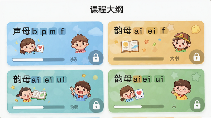 ������һ���γ�Ŀ¼�б����棬��ʾ��ͬ��ƴ�����⿨Ƭ����