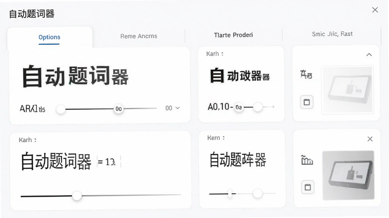 主体为“自动题词器”的排版设置界面,展示不同字体大小和行间距的对比效果,布局为网格状选项卡,风格为极简UI设计,细节包括字体粗细调节滑块和透明度预览窗,画质清晰,干净,无多余元素