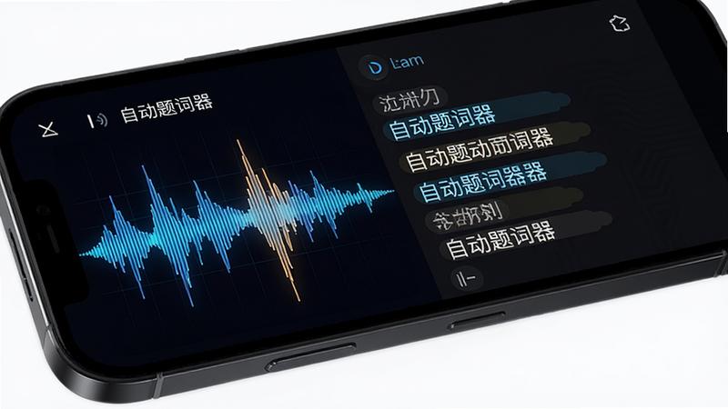 主体为手机屏幕特写,展示“自动题词器”的语音波形图与文字滚动同步的视觉效果,布局左右分栏,左侧为声波动画,右侧为滚动文字,风格为动态科技风,细节展示声波峰值与文字高亮的对应关系,画质高清,干净,无多余元素