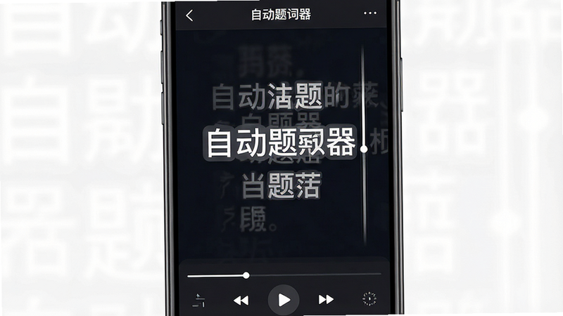 主体为一部竖屏智能手机,屏幕中央显示着“自动题词器”APP界面,界面背景为深色模式,中央是大号白色滚动文字,底部有播放控制按钮,整体布局简洁现代,风格为科技扁平化,细节包括文字高亮和滚动轨迹线,画质4k,干净,无多余元素