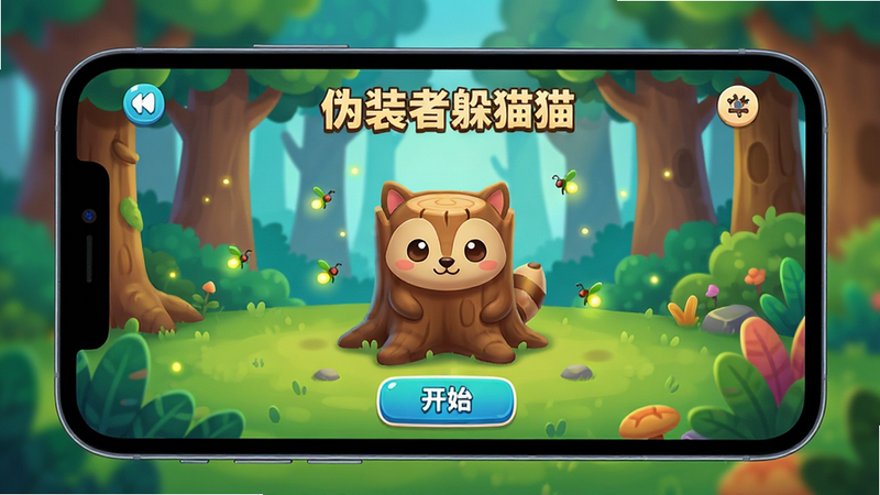 主体为手机屏幕特写,屏幕内显示《伪装者躲猫猫》游戏主界面,背景是色彩鲜艳的卡通风格森林场景,一只伪装成树桩的小动物角色静静站立,周围有萤火虫点缀,UI界面简洁清晰,底部有开始按钮,整体风格清新可爱,高清渲染,无多余元素