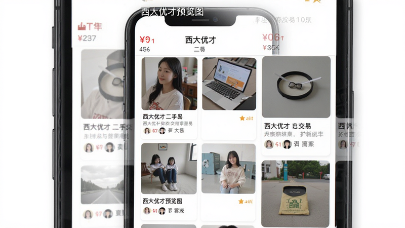 西大优才二手交易界面,主体为手机屏幕显示商品图片网格,布局为瀑布流展示,排版包含价格与卖家信息,风格为电商简约风,细节包含商品缩略图与描述文字,画质清晰,干净,无多余元素,alt=