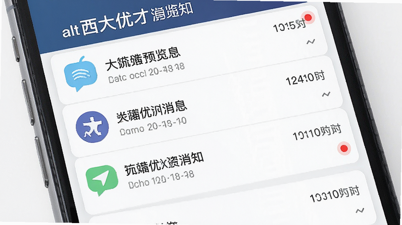 西大优才消息通知界面,主体为手机屏幕显示多条分类消息,布局为列表式排列,排版带有时间戳与红点标记,风格为简洁商务风,细节包含图标区分类型,画质清晰,干净,无多余元素,alt=