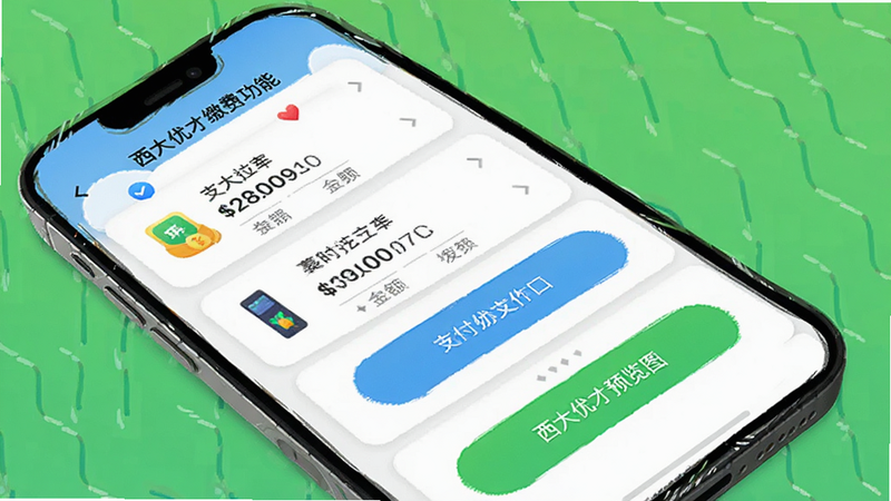 西大优才缴费功能界面,主体为手机屏幕显示缴费选项列表,布局为卡片式展示金额与按钮,排版突出支付入口,风格为明快活泼,细节包含支付图标与金额显示,画质高清,干净,无多余元素,alt=