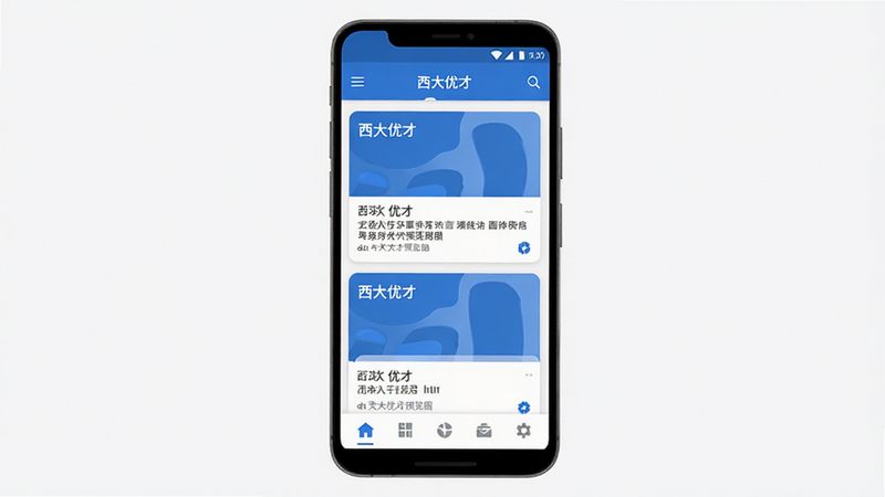 西大优才手机应用主界面展示,主体为安卓手机屏幕,布局为顶部导航栏、中部信息流卡片、底部功能图标,排版整齐清晰,风格为现代扁平化UI设计,细节包含蓝色主色调与白色背景,画质高清,干净,无多余元素,alt=