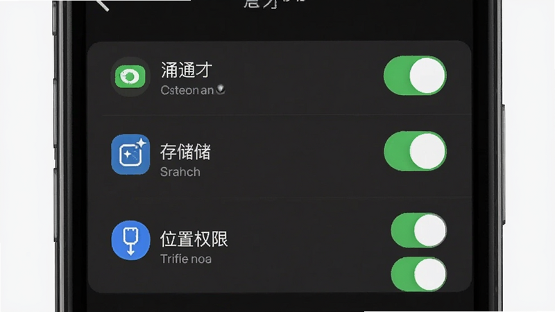 西大优才设置界面与权限管理示意图,主体为手机屏幕显示权限开关列表,布局为垂直排列的开关项,排版清晰易读,风格为系统原生设置风,细节包含通知、存储、位置权限图标,画质高清,干净,无多余元素,alt=