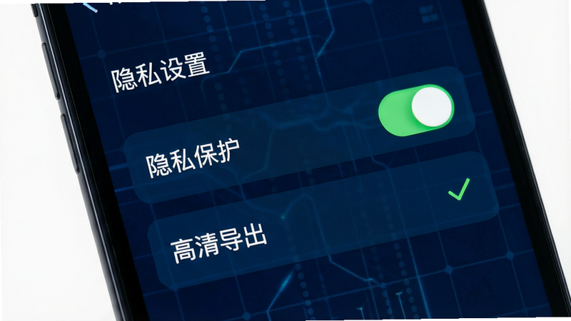 手机界面展示设置页面,重点突出“隐私保护”开关和“高清导出”选项,背景为深蓝色科技风,细节包括开关的绿色激活状态、选项的勾选标记、背景的微妙网格纹理,画质锐利,干净,无多余元素,文字包含