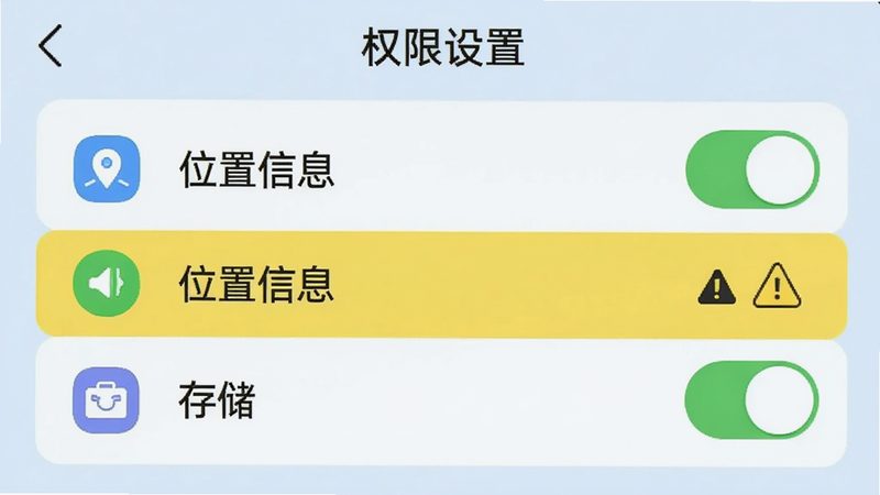 手机界面展示权限设置页面,重点突出“位置信息”和“存储”权限的开关状态,背景为浅蓝色,细节包括权限列表的图标、开关的绿色状态、警告标志的黄色背景,画质清晰,干净,无多余元素,文字包含