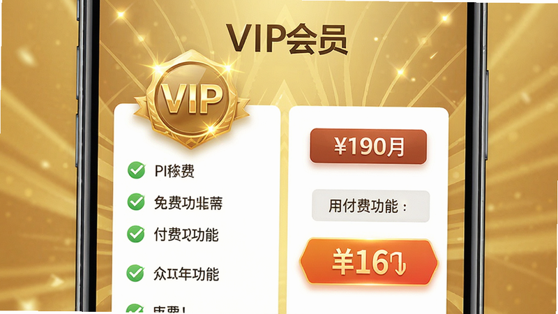 手机界面展示VIP会员订阅页面,对比免费与付费功能的列表,背景为金色渐变,细节包括VIP徽章的高光效果、功能列表的勾选标记、价格标签的突出显示,画质精致,干净,无多余元素,文字包含