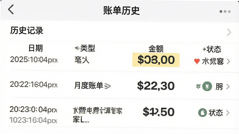 主体为手机列表界面,显示“账单历史”页面,布局为垂直列表,每行包含“日期”、“类型”、“金额”、“状态”,风格简洁列表风,细节显示时间戳和金额高亮,画质高清,干净,文字内容包含“历史记录”、“月度账单”、“水费电费计算管家”
