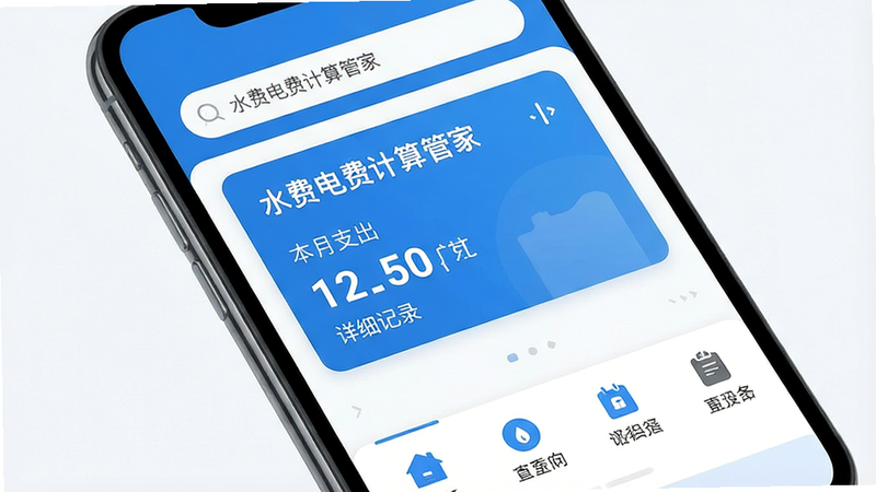 主体为手机屏幕界面,显示“水费电费计算管家”APP首页,布局简洁现代,顶部有搜索栏,中部展示本月水费电费总支出卡片,底部为功能菜单图标,风格扁平化科技蓝,细节清晰,画质高清,干净无多余元素,文字内容包含“水费电费计算管家”、“本月支出”、“详细记录”