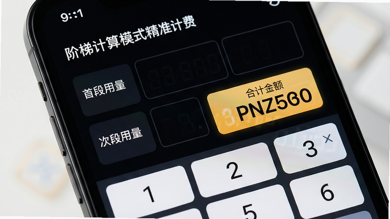 主体为计算器界面特写,手机屏幕显示“阶梯计算模式”,布局分为输入区与结果区,输入区包含“首段用量”、“次段用量”,结果区高亮显示“合计金额”,风格极简商务,细节显示数字键盘,画质清晰,干净,文字内容包含“智能阶梯算法”、“精准计费”、“水费电费计算管家”