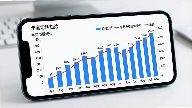 主体为数据图表展示界面,手机屏幕显示“年度能耗趋势”,布局左侧为月份轴,右侧为金额轴,中间为蓝色柱状图与红色折线图叠加,风格专业数据分析风,细节显示数据点标注,画质高清,干净,文字内容包含“水费电费统计”、“趋势分析”、“水费电费计算管家”