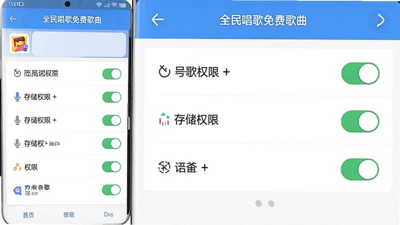����Ϊ�ֻ����ý��棬��ʾ��ȫ�񳪸���Ѹ�����APP��Ȩ�޹���ҳ�棬�����б�ʽ���Ű�����������ƽ����ϸ��չʾ��˷硢�洢Ȩ�޵Ŀ���״̬���أ������������޶���Ԫ��