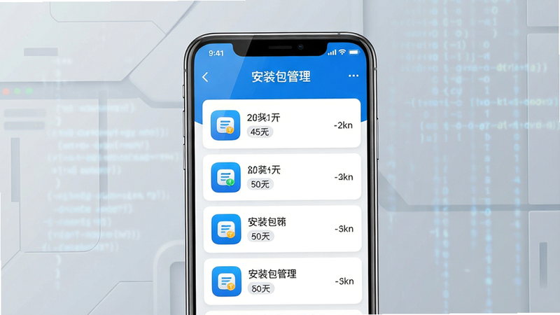 主体为一部现代智能手机,屏幕显示“安装包管理”应用界面,背景为简洁的浅灰色科技风格。布局为居中构图,手机占据画面中心70%面积。排版清晰,屏幕内可见列表式的应用图标和大小数据。风格为扁平化设计,线条流畅,色彩以白色和科技蓝为主。细节包括屏幕边缘的高光反射,背景中有模糊的数字代码流元素。画质高清,8k分辨率,干净,无多余元素,文字“安装包管理”清晰可见。
